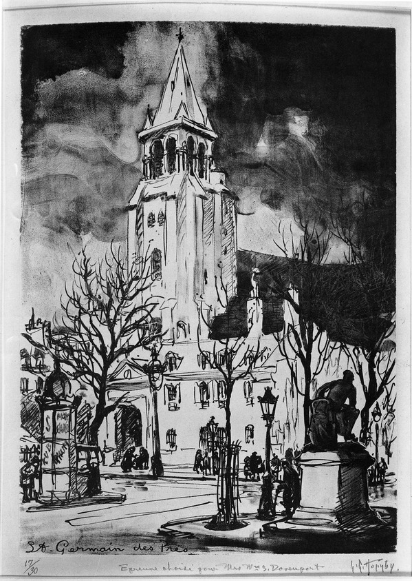 Lester George Hornby (American, 1882-1956). <em>St. Germain des Pres</em>, n.d. Lithograph on China paper laid down, Sheet: 20 1/4 x 14 13/16 in. (51.4 x 37.6 cm). Brooklyn Museum, Gift of Mr. and Mrs. William Slocum Davenport, 32.150. © artist or artist's estate (Photo: Brooklyn Museum, 32.150_acetate_bw.jpg)