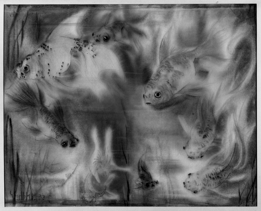 Georg Hermann Gelbke (German, 1882-1947). <em>Frightened Veiltails (Schleierschwanze)</em>, 1932. Watercolor, 18 1/2 x 23 in.  (47.0 x 58.4 cm). Brooklyn Museum, A. Augustus Healy Fund, 33.94. © artist or artist's estate (Photo: Brooklyn Museum, 33.94_acetate_bw.jpg)