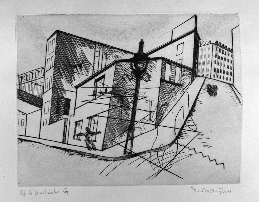 Stanley William Hayter (British, 1901-1988). <em>Paysages Urbains, Suite de Six Pointes-Sèches</em>, 1930. Drypoint and line engraving on wove paper, 8 1/16 x 10 1/2 in. (20.5 x 26.7 cm). Brooklyn Museum, Gift of the artist, 36.142. © artist or artist's estate (Photo: Brooklyn Museum, 36.142_acetate_bw.jpg)