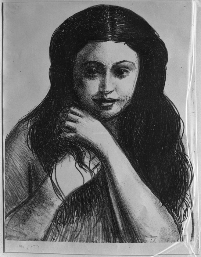 André Derain (Chatou, France, 1880–1954, Garches, France). <em>Tete de femme de face</em>. Lithograph on wove Arches paper, 17 13/16 x 14 9/16 in. (45.3 x 37 cm). Brooklyn Museum, A. Augustus Healy Fund, 36.55. © artist or artist's estate (Photo: Brooklyn Museum, 36.55_acetate_bw.jpg)