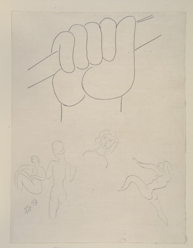 Henri Matisse (French, 1869-1954). <em>[Untitled] (Headpiece for the Poem "Le Guignon")</em>, 1932. Etching on colored wove paper, Sheet: 13 x 9 15/16 in. (33 x 25.2 cm). Brooklyn Museum, Carll H. de Silver Fund, 36.67.2. © artist or artist's estate (Photo: Brooklyn Museum, 36.67.2_view1_PS12.jpg)
