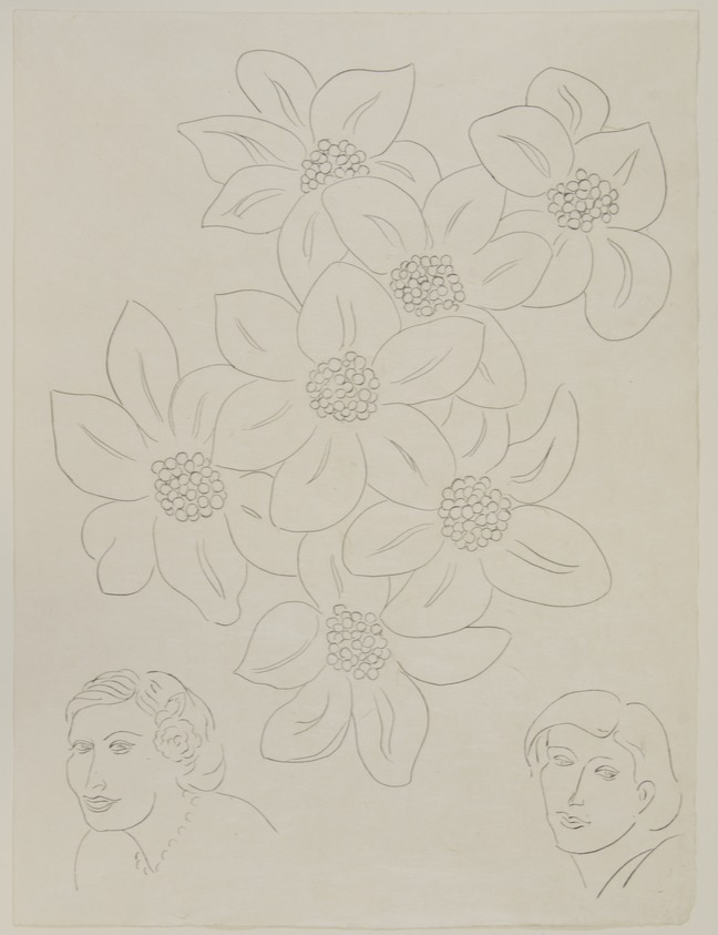 Henri Matisse (Le Cateau-Cambrésis, France, 1869 – 1954, Nice, France). <em>I[Untitled] (llustration for the Poem "Les Fleurs")</em>, 1932. Etching on colored wove paper, Sheet: 13 1/4 x 9 7/8 in. (33.7 x 25.1 cm). Brooklyn Museum, Carll H. de Silver Fund, 36.67.6. © artist or artist's estate (Photo: Brooklyn Museum, 36.67.6_view1_PS12.jpg)