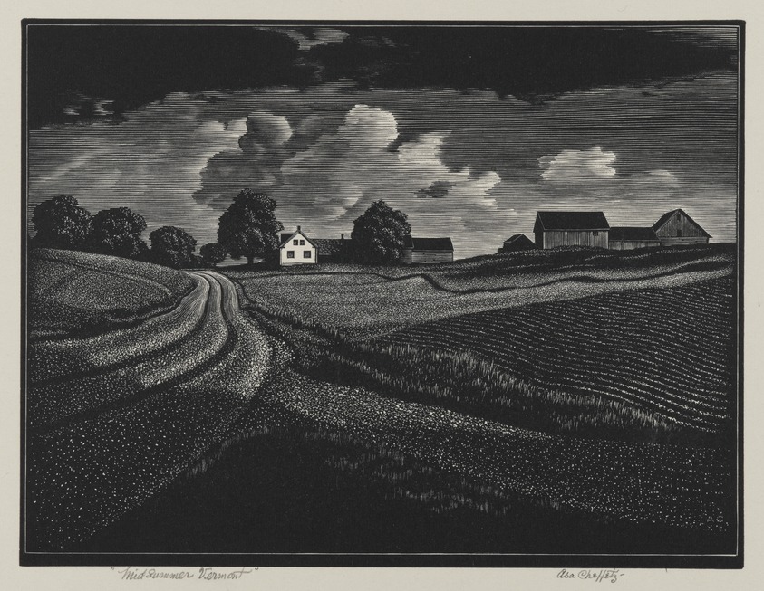 Asa Cheffetz (American, 1897-1965). <em>Midsummer Vermont</em>, 1936. Wood engraving, Sheet: 9 1/2 x 10 1/4 in. (24.1 x 26 cm). Brooklyn Museum, Purchased by Special Subscription, 36.866. © artist or artist's estate (Photo: Brooklyn Museum, 36.866_PS2.jpg)