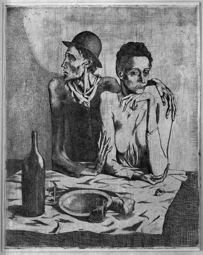 Pablo Picasso (Spanish, 1881-1973). <em>The Frugal Repast (Le Repas frugal)</em>, 1904. Etching on zinc on wove paper, 18 1/4 x 14 13/16 in. (46.3 x 37.7 cm). Brooklyn Museum, Brooklyn Museum Collection, 36.913. © artist or artist's estate (Photo: Brooklyn Museum, 36.913_acetate_bw.jpg)