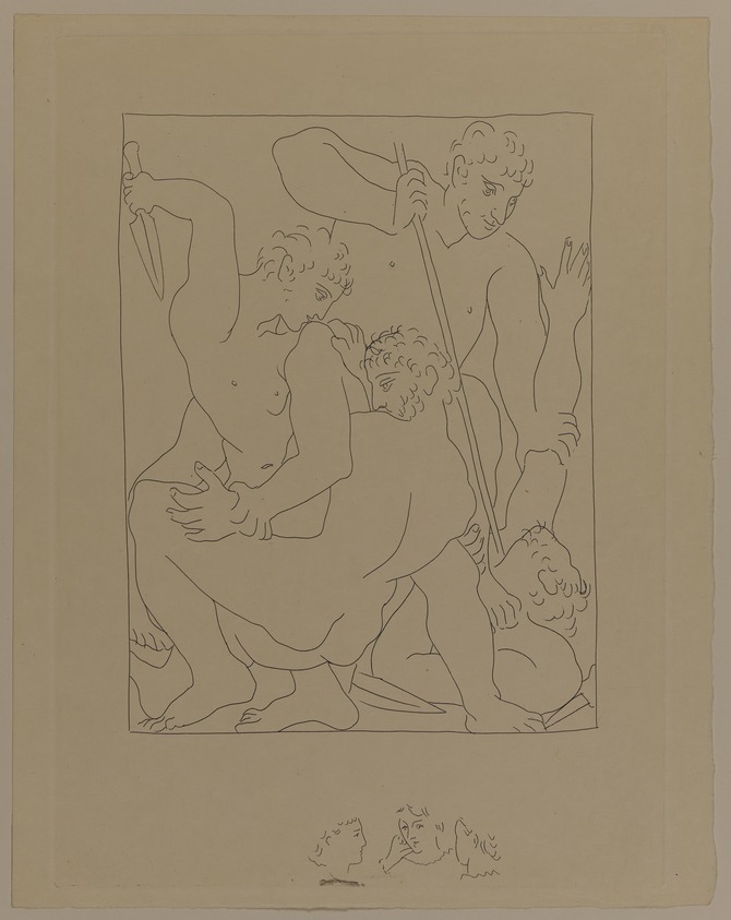 Pablo Picasso (Spanish, 1881-1973). <em>Combat pour Andromède</em>, 1930. Etching on Japan paper, laid down on mat board with tape at left edge, Sheet: 12 3/4 x 10 1/8 in. (32.4 x 25.7 cm). Brooklyn Museum, By exchange, 36.915.10. © artist or artist's estate (Photo: Brooklyn Museum, 36.915.10_PS20.jpg)