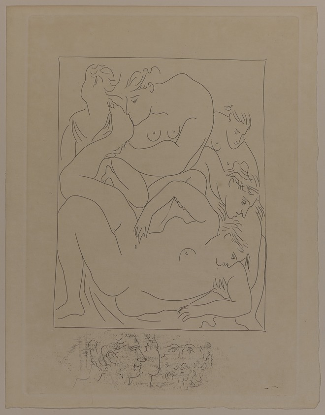 Pablo Picasso (Spanish, 1881-1973). <em>Eurydice piquée par un serpent</em>, 1930. Etching on Japan paper, laid down on mat board with tape at left edge, Sheet: 13 x 10 3/16 in. (33 x 25.9 cm). Brooklyn Museum, By exchange, 36.915.20. © artist or artist's estate (Photo: Brooklyn Museum, 36.915.20_PS20.jpg)