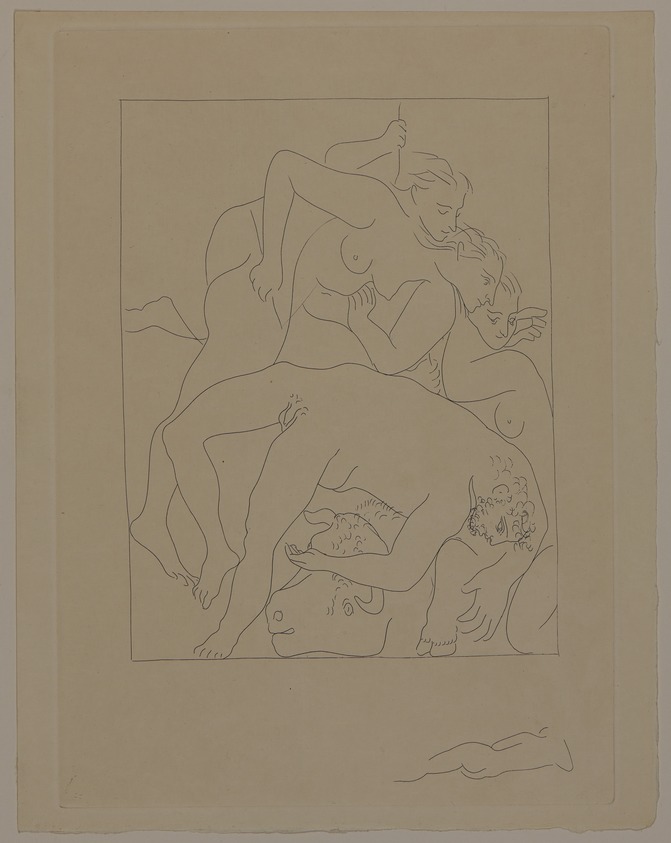 Pablo Picasso (Spanish, 1881-1973). <em>Mort d'Orphée</em>, 1930. Etching on Japan paper, laid down on mat board with tape at left edge, Sheet: 12 7/8 x 10 1/8 in. (32.7 x 25.7 cm). Brooklyn Museum, By exchange, 36.915.22. © artist or artist's estate (Photo: Brooklyn Museum, 36.915.22_PS20.jpg)