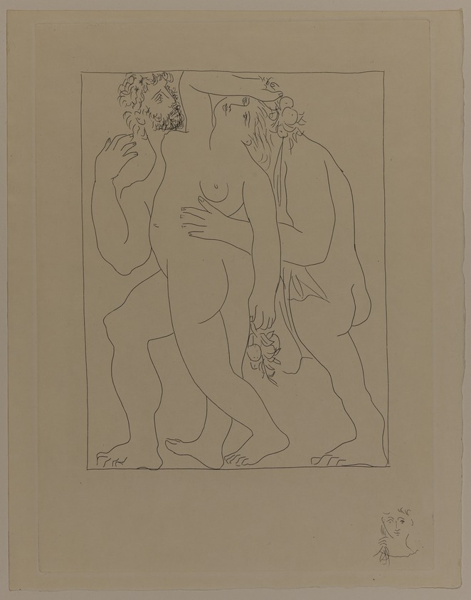 Pablo Picasso (Spanish, 1881-1973). <em>Vertumne poursuit Pomone de son amour</em>, 1930. Etching on Japan paper, laid down on mat board with tape at left edge, Sheet: 12 7/8 x 10 in. (32.7 x 25.4 cm). Brooklyn Museum, By exchange, 36.915.28. © artist or artist's estate (Photo: Brooklyn Museum, 36.915.28_PS20.jpg)