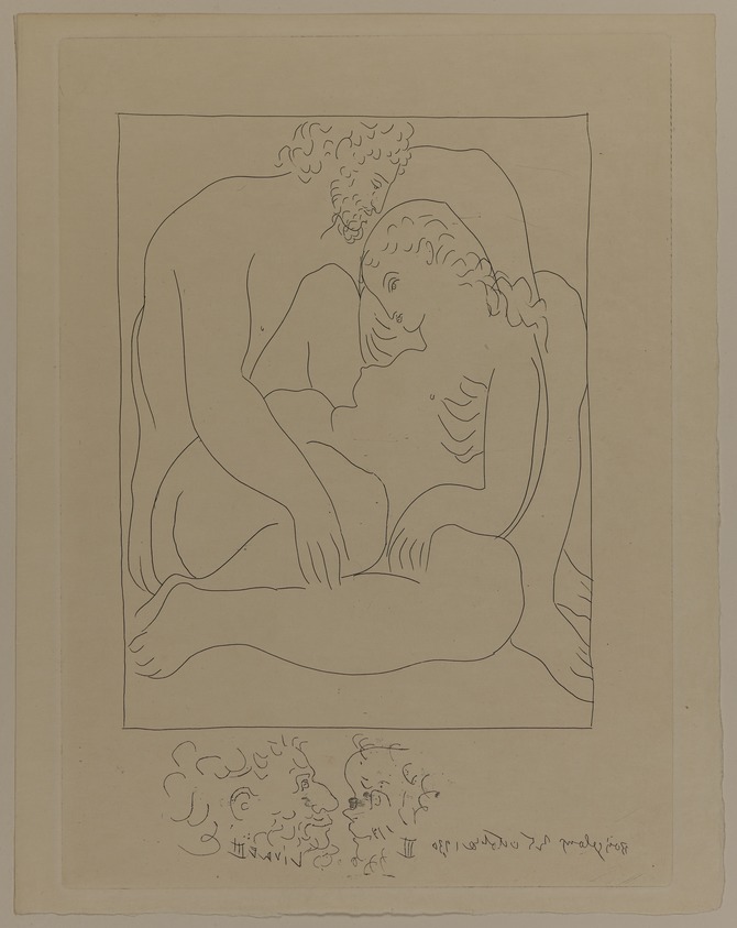 Pablo Picasso (Spanish, 1881-1973). <em>Amours de Jupiter et de Sémélé</em>, 1930. Etching on Japan paper, laid down on mat board with tape at left edge, Sheet: 12 15/16 x 10 1/4 in. (32.9 x 26 cm). Brooklyn Museum, By exchange, 36.915.6. © artist or artist's estate (Photo: Brooklyn Museum, 36.915.6_PS20.jpg)