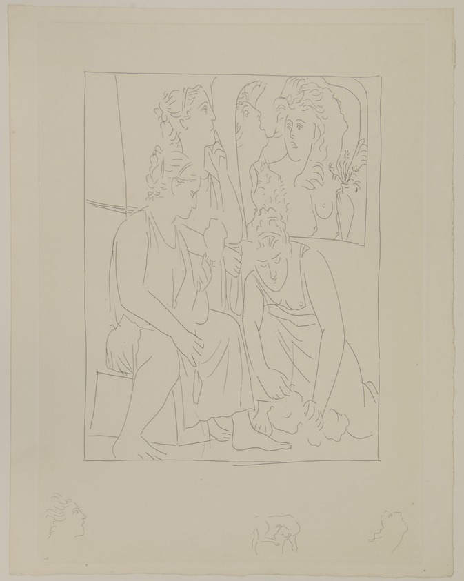 Pablo Picasso (Spanish, 1881–1973). <em>Les Filles de Minyas refusent de reconnaitre le Dieu Bacchus</em>, 1930. Etching on Japan paper, laid down on mat board with tape at left edge, Sheet: 12 15/16 x 10 1/8 in. (32.9 x 25.7 cm). Brooklyn Museum, By exchange, 36.915.8. © artist or artist's estate (Photo: , 36.915.8_view01_PS12.jpg)