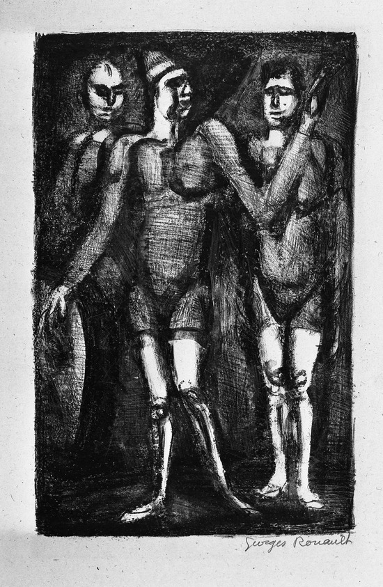 Georges Rouault (French, 1871–1958). <em>Cirque Forain.  Les Boxeurs</em>. Lithograph on China paper, 13 x 8 3/8 in. (33 x 21.3 cm). Brooklyn Museum, By exchange, 37.117. © artist or artist's estate (Photo: Brooklyn Museum, 37.117_acetate_bw.jpg)