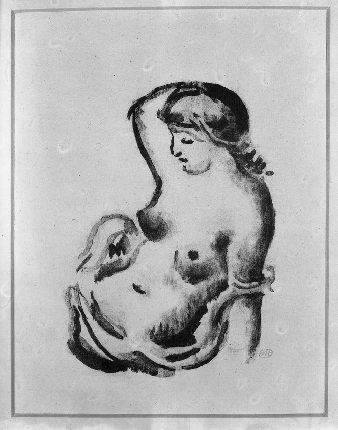 Aristide Maillol (French, 1861-1944). <em>Women, Half-Length View (Femme, vue à mi-corps)</em>, 1927. Lithograph on gray laid paper, Image: 7 3/8 x 5 3/8 in. (18.7 x 13.7 cm). Brooklyn Museum, By exchange, 37.156. © artist or artist's estate (Photo: Brooklyn Museum, 37.156_acetate_bw.jpg)