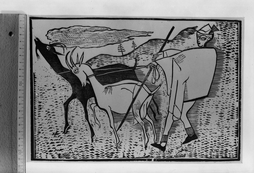 Gerhard Marcks (German, 1889-1981). <em>The Goatherd (Der Ziegenhirt)</em>, 1922. Woodcut on laid paper, Image: 8 x 12 in. (20.3 x 30.5 cm). Brooklyn Museum, Gift of J. B. Neumann, 37.424. © artist or artist's estate (Photo: Brooklyn Museum, 37.424_acetate_bw.jpg)