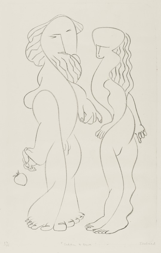 Thomas Eldred (American, 1903-1993). <em>Adam and Eve</em>, 1937. Lithograph on white wove paper, Stone: 9 1/16 x 13 11/16 in. (23 x 34.7 cm). Brooklyn Museum, 37.487. © artist or artist's estate (Photo: Brooklyn Museum, 37.487_PS2.jpg)