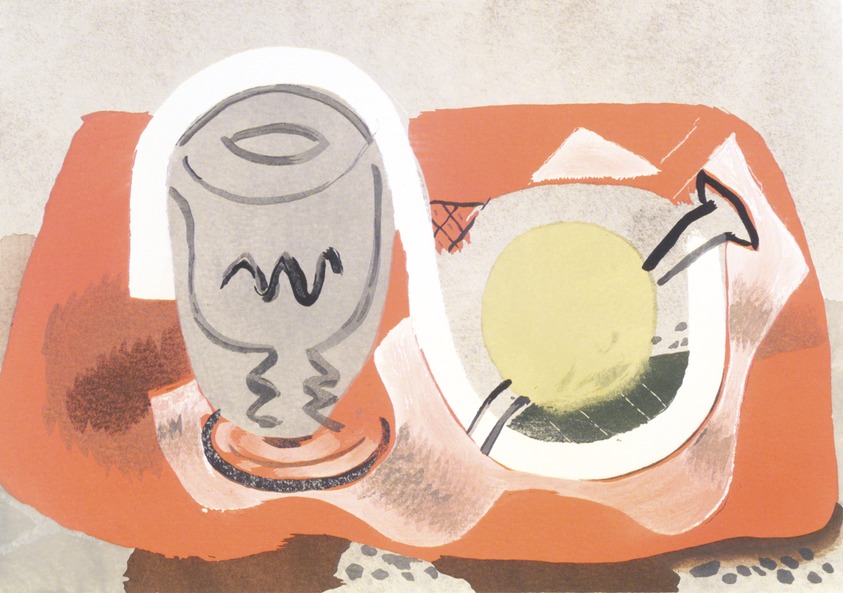 Georges Braque (French, 1882-1963). <em>Still Life</em>, n.d. Stencil in colors, red, black and yellow-green on China laid down heavy wove paper, 6 1/2 x 9 1/4 in. (16.5 x 23.5 cm). Brooklyn Museum, By exchange, 37.526. © artist or artist's estate (Photo: Brooklyn Museum, 37.526_transp1343.jpg)