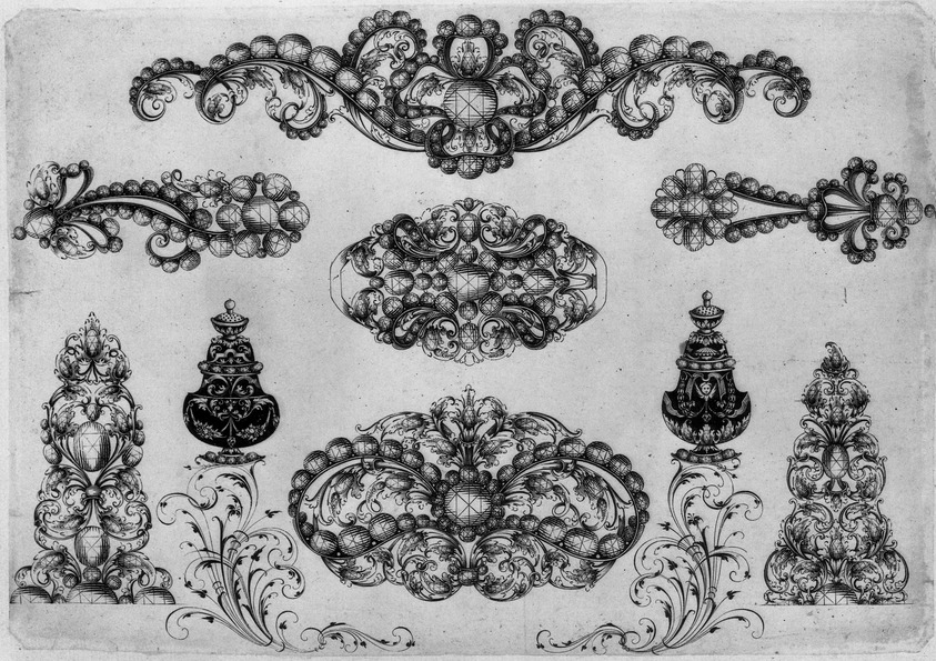 Johann Bartholomaus Herbst. <em>Ornamental Designs (nine on one plate)</em>. Engraving, 6 11/16 x 9 1/2 in. (17 x 24.1 cm). Brooklyn Museum, 38.883 (Photo: Brooklyn Museum, 38.883_acetate_bw.jpg)