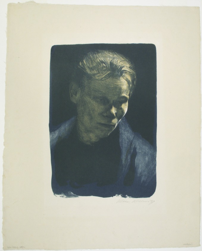 Käthe Kollwitz (German, 1867-1945). <em>Bust of a Working Woman in a Blue Shawl (Brustbild einer Arbeiterfrau mit blauem Tuch)</em>, 1903. Color lithograph on wove paper, image: 13 7/8 × 9 5/8 in. (35.2 × 24.4 cm). Brooklyn Museum, Museum Collection Fund, 39.14. © artist or artist's estate (Photo: Brooklyn Museum, 39.14_view1_PS12.jpg)
