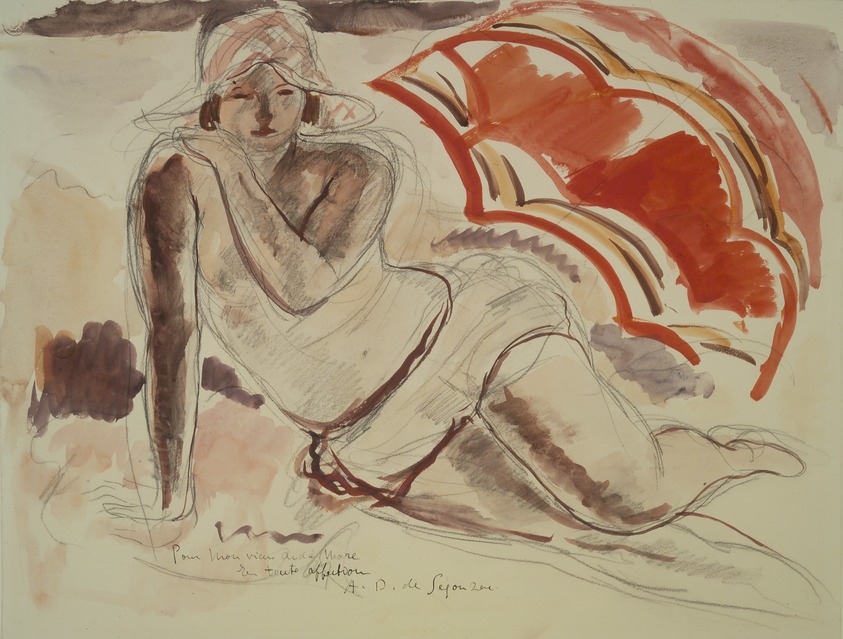 André Dunoyer de Segonzac (French, 1884–1974). <em>Jeune Fille a l'Ombrelle Rouge</em>, 20th century. Watercolor, Image: 24 5/16 x 29 7/16 in. (61.8 x 74.8 cm). Brooklyn Museum, 39.372. © artist or artist's estate (Photo: Brooklyn Museum, 39.372.jpg)