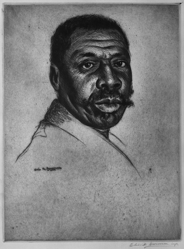 Elias M. Grossman (American, 1898-1947). <em>Head of a Negro</em>, 1939. Etching, trial proof on cream-colored wove paper, Plate: 11 15/16 x 87 5/8 in. (30.3 x 222.6 cm). Brooklyn Museum, Dick S. Ramsay Fund, 40.305. © artist or artist's estate (Photo: Brooklyn Museum, 40.305_acetate_bw.jpg)