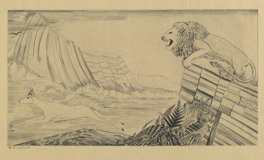 Joseph Hecht (Polish, 1891-1951). <em>Lion and Gazelle</em>, 1929. Engraving on wove paper, 8 11/16 x 10 5/8 in. (22 x 27 cm). Brooklyn Museum, Gift of William M. Lybrand, 40.941. © artist or artist's estate (Photo: Brooklyn Museum, 40.941_PS6.jpg)