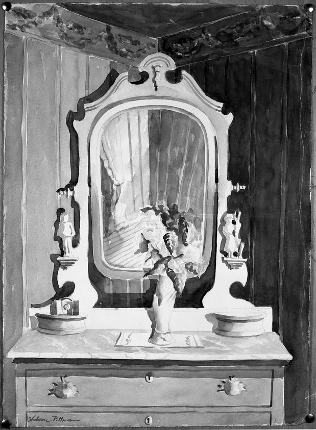 Hobson Pittman (American, 1900–1972). <em>The Bureau</em>. Watercolor on paper, 23 3/8 x 17 in. (59.4 x 43.2 cm). Brooklyn Museum, Gift of Jane Mintzer Longmire, by exchange, 41.814. © artist or artist's estate (Photo: Brooklyn Museum, 41.814_acetate_bw.jpg)