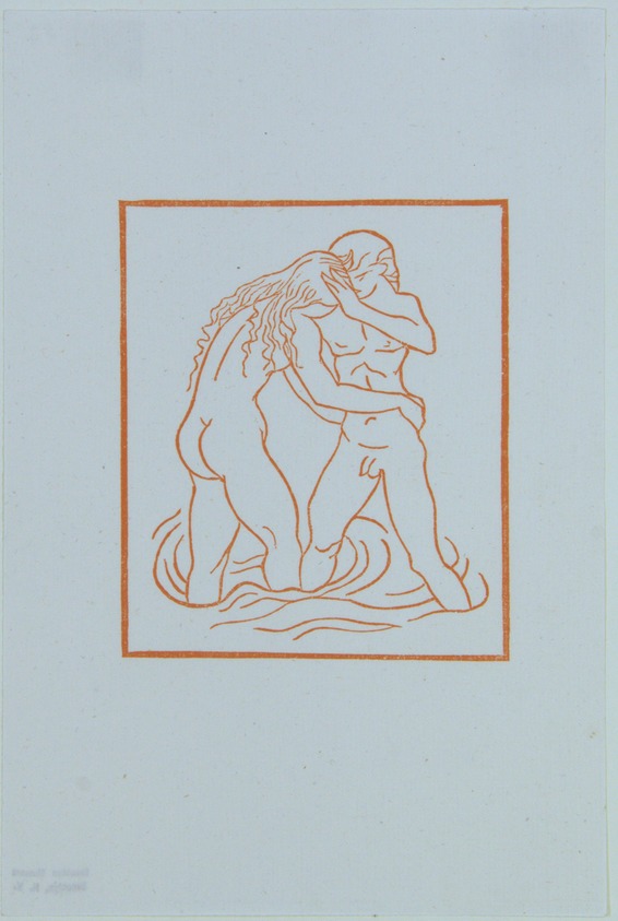 Aristide Maillol (French, 1861-1944). <em>[Untitled] (Chloe Casting Daphnis into Her Arms)</em>, 1937. Woodcut on handmade laid paper, Sheet: 7 3/4 x 5 1/8 in. (19.7 x 13 cm). Brooklyn Museum, Charles Stewart Smith Memorial Fund, 42.10.12. © artist or artist's estate (Photo: , 42.10.12_view01_PS12.jpg)