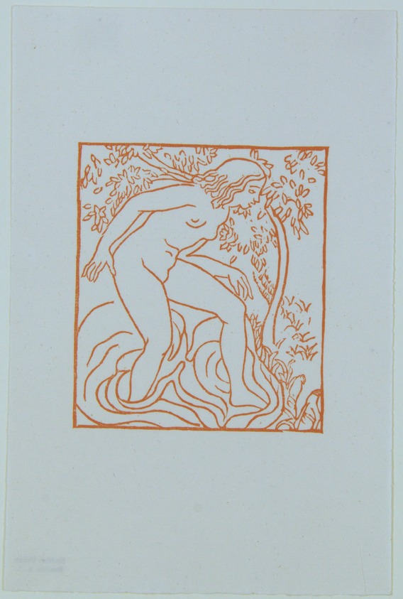 Aristide Maillol (French, 1861-1944). <em>[Untitled] (Chloe Washing Her Naked Limbs)</em>, 1937. Woodcut on handmade laid paper, Sheet: 7 13/16 x 5 1/8 in. (19.8 x 13 cm). Brooklyn Museum, Charles Stewart Smith Memorial Fund, 42.10.13. © artist or artist's estate (Photo: , 42.10.13_view01_PS12.jpg)