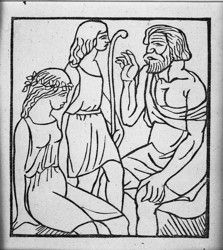 Aristide Maillol (French, 1861-1944). <em>[Untitled] (Philetas Speaking to Daphnis and Chloe)</em>, 1937. Woodcut on handmade laid paper, Sheet: 7 13/16 x 5 1/4 in. (19.8 x 13.3 cm). Brooklyn Museum, Charles Stewart Smith Memorial Fund, 42.10.17. © artist or artist's estate (Photo: Brooklyn Museum, 42.10.17_acetate_bw.jpg)