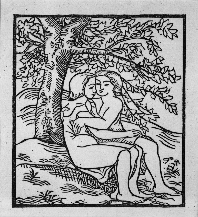 Aristide Maillol (French, 1861-1944). <em>[Untitled] (Daphnis and Chloe Sitting Close Together)</em>, 1937. Woodcut on handmade laid paper, Sheet: 7 3/4 x 5 1/8 in. (19.7 x 13 cm). Brooklyn Museum, Charles Stewart Smith Memorial Fund, 42.10.19. © artist or artist's estate (Photo: Brooklyn Museum, 42.10.19_acetate_bw.jpg)