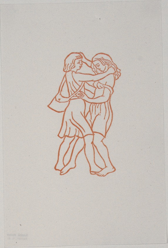 Aristide Maillol (French, 1861–1944). <em>[Untitled] (Daphnis and Chloe Run Smiling Together)</em>, 1937. Woodcut on handmade laid paper, Sheet: 7 3/4 x 5 1/4 in. (19.7 x 13.3 cm). Brooklyn Museum, Charles Stewart Smith Memorial Fund, 42.10.20. © artist or artist's estate (Photo: , 42.10.20_view01_PS12.jpg)