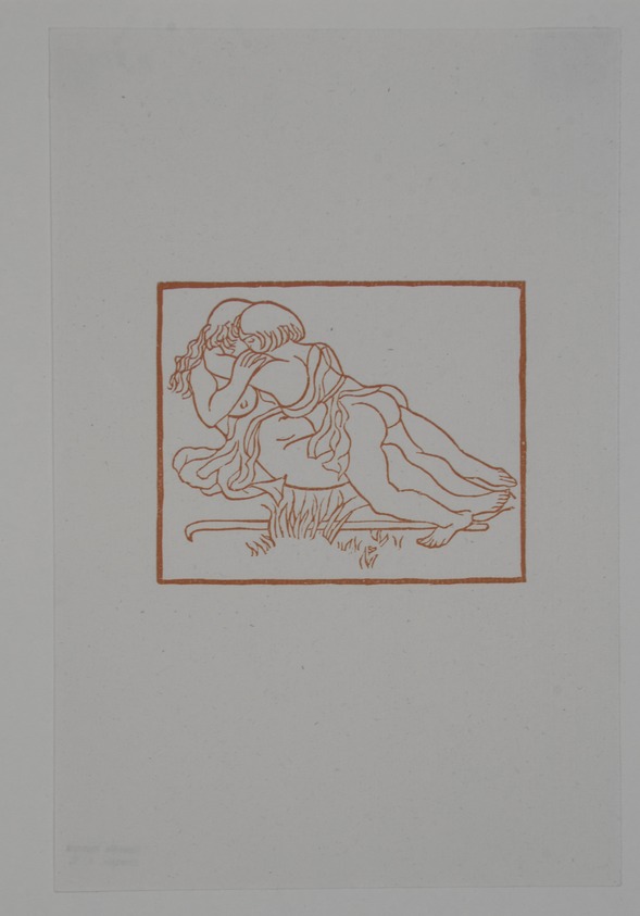 Aristide Maillol (French, 1861-1944). <em>[Untitled] (Daphnis and Chloe Embrace One Another)</em>, 1937. Woodcut on handmade laid paper, Image: 4 1/4 x 3 7/8 in.  (10.8 x 9.8 cm). Brooklyn Museum, Charles Stewart Smith Memorial Fund, 42.10.21. © artist or artist's estate (Photo: , 42.10.21_view01_PS12.jpg)