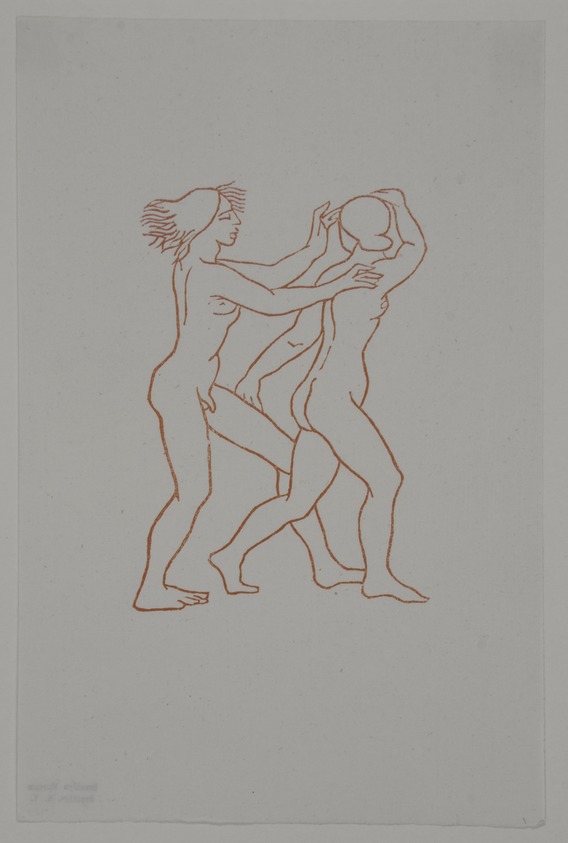 Aristide Maillol (French, 1861-1944). <em>[Untitled] (Daphnis and Chloe Playing)</em>, 1937. Woodcut on handmade laid paper, Image: 4 1/4 x 3 7/8 in.  (10.8 x 9.8 cm). Brooklyn Museum, Charles Stewart Smith Memorial Fund, 42.10.22. © artist or artist's estate (Photo: , 42.10.22_view01_PS12.jpg)