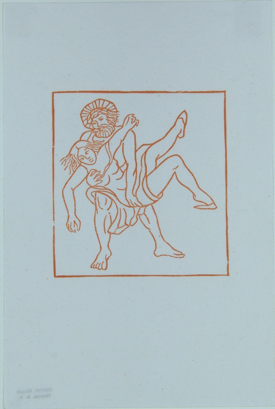 Aristide Maillol (French, 1861-1944). <em>[Untitled] (Methymnaean Carrying Chloe Away)</em>, 1937. Woodcut on handmade laid paper, Sheet: 7 3/4 x 5 1/8 in. (19.7 x 13 cm). Brooklyn Museum, Charles Stewart Smith Memorial Fund, 42.10.23. © artist or artist's estate (Photo: , 42.10.23_view01_PS12.jpg)