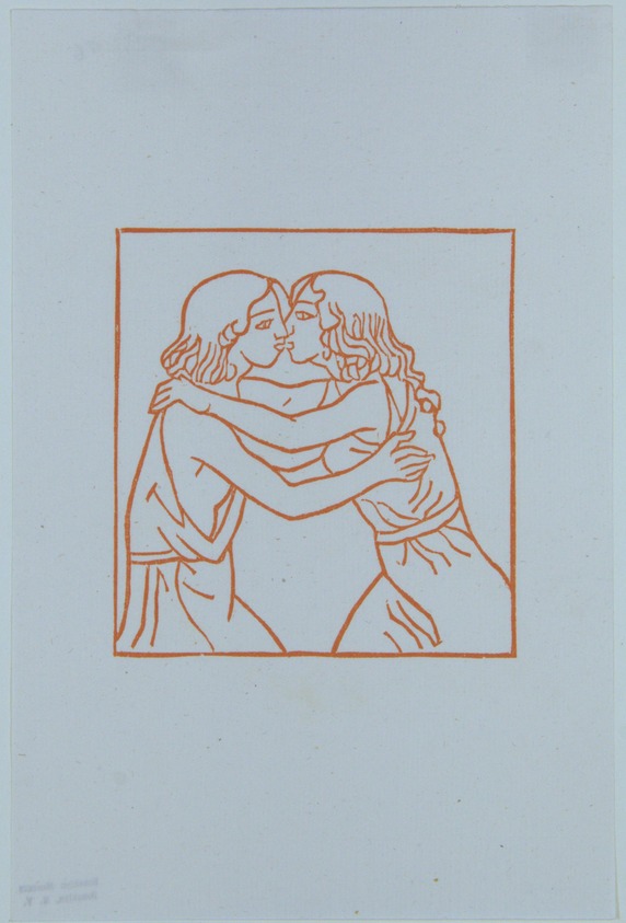 Aristide Maillol (French, 1861-1944). <em>[Untitled] (Daphnis Rushing into the Embraces of Chloe)</em>, 1937. Woodcut on handmade laid paper, Sheet: 7 3/4 x 5 1/8 in. (19.7 x 13 cm). Brooklyn Museum, Charles Stewart Smith Memorial Fund, 42.10.24. © artist or artist's estate (Photo: , 42.10.24_view01_PS12.jpg)