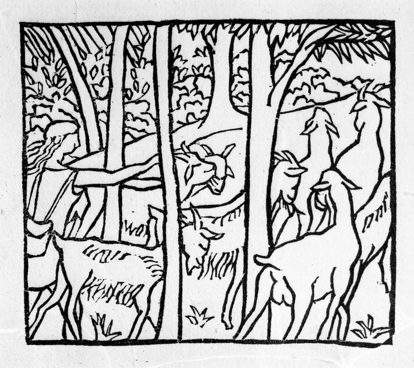 Aristide Maillol (French, 1861-1944). <em>[Untitled] (Daphnis Driving Home His Flock)</em>, 1937. Woodcut on handmade laid paper, Sheet: 7 3/4 x 5 1/8 in. (19.7 x 13 cm). Brooklyn Museum, Charles Stewart Smith Memorial Fund, 42.10.27. © artist or artist's estate (Photo: Brooklyn Museum, 42.10.27_acetate_bw.jpg)