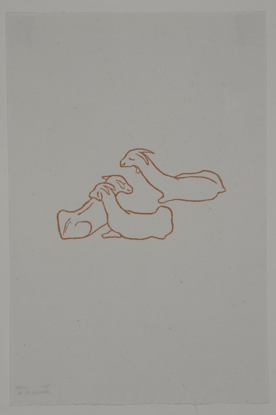 Aristide Maillol (French, 1861-1944). <em>[Untitled] (Three Goats Resting)</em>, 1937. Woodcut on handmade laid paper, Image: 1 13/16 x 3 3/8 in.  (4.6 x 8.6 cm). Brooklyn Museum, Charles Stewart Smith Memorial Fund, 42.10.28. © artist or artist's estate (Photo: , 42.10.28_view01_PS12.jpg)