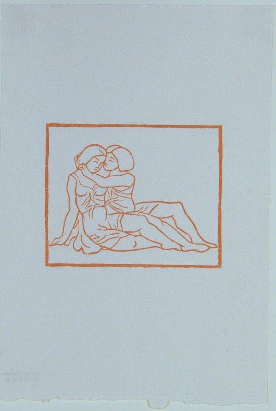 Aristide Maillol (French, 1861–1944). <em>[Untitled] (Daphnis and Chloe Remember Their Sweet Conversation)</em>, 1937. Woodcut on handmade laid paper, Sheet: 7 1/2 x 5 1/8 in. (19.1 x 13 cm). Brooklyn Museum, Charles Stewart Smith Memorial Fund, 42.10.29. © artist or artist's estate (Photo: , 42.10.29_view01_PS12.jpg)