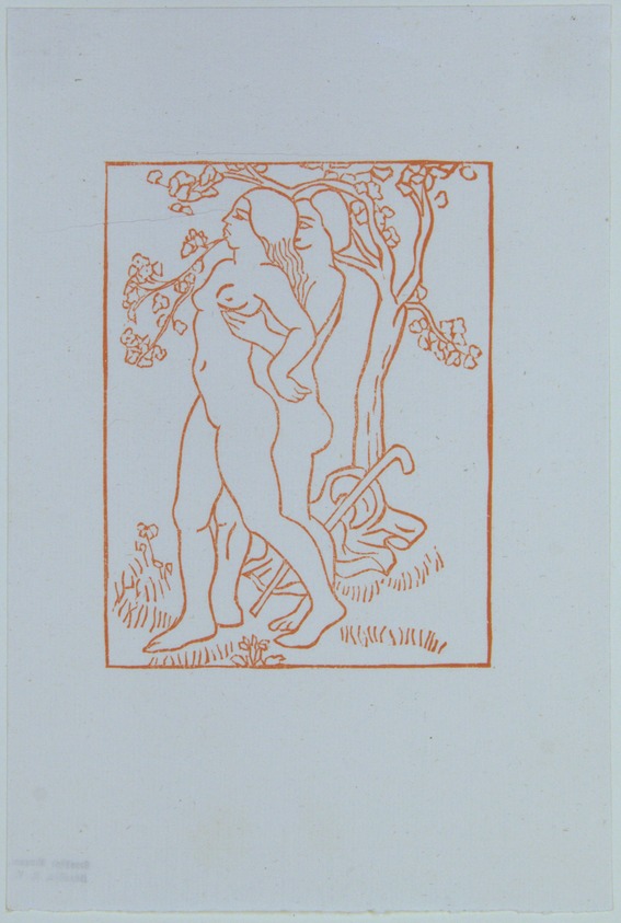 Aristide Maillol (French, 1861-1944). <em>[Untitled] (Daphnis Lifts Chloe Up)</em>, 1937. Woodcut on handmade laid paper, Sheet: 8 3/4 x 5 1/8 in. (22.2 x 13 cm). Brooklyn Museum, Charles Stewart Smith Memorial Fund, 42.10.31. © artist or artist's estate (Photo: , 42.10.31_view01_PS12.jpg)