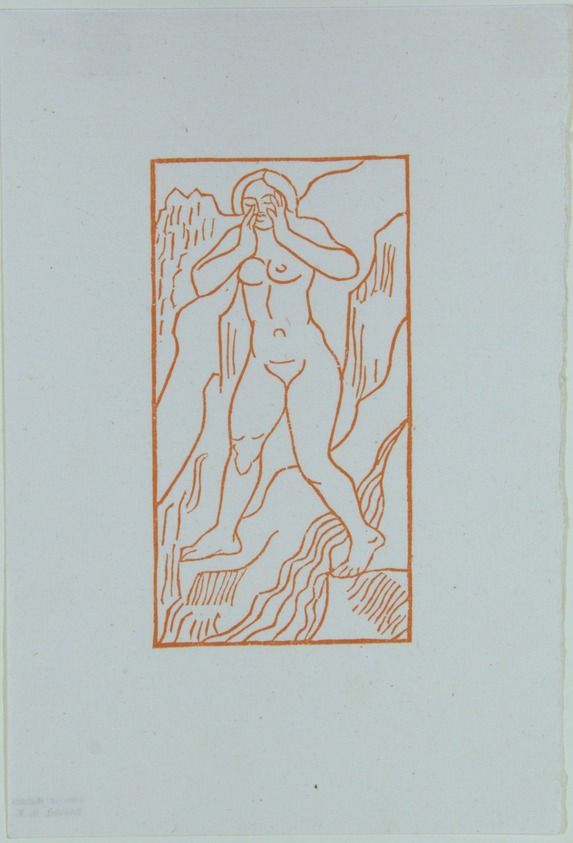 Aristide Maillol (French, 1861-1944). <em>[Untitled] (The Echo, Daughter of a Nymph)</em>, 1937. Woodcut on handmade laid paper, Sheet: 7 3/4 x 5 1/4 in. (19.7 x 13.3 cm). Brooklyn Museum, Charles Stewart Smith Memorial Fund, 42.10.34. © artist or artist's estate (Photo: , 42.10.34_view01_PS12.jpg)