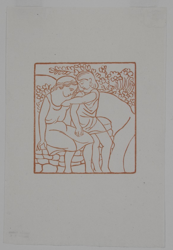 Aristide Maillol (French, 1861-1944). <em>[Untitled] (Daphnis Puts the Apple into Chloe's Bosom)</em>, 1937. Woodcut on handmade laid paper, Image: 3 9/16 x 3 1/4 in.  (9.0 x 8.3 cm). Brooklyn Museum, Charles Stewart Smith Memorial Fund, 42.10.36. © artist or artist's estate (Photo: , 42.10.36_view01_PS12.jpg)