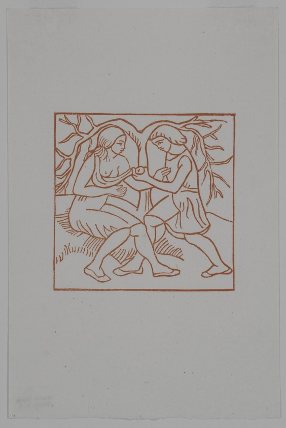 Aristide Maillol (French, 1861-1944). <em>[Untitled] (Daphnis Pulls an Apple for Chloe)</em>, 1937. Woodcut on handmade laid paper, Image: 3 5/16 x 3 3/8 in.  (8.4 x 8.6 cm). Brooklyn Museum, Charles Stewart Smith Memorial Fund, 42.10.37. © artist or artist's estate (Photo: , 42.10.37_view01_PS12.jpg)