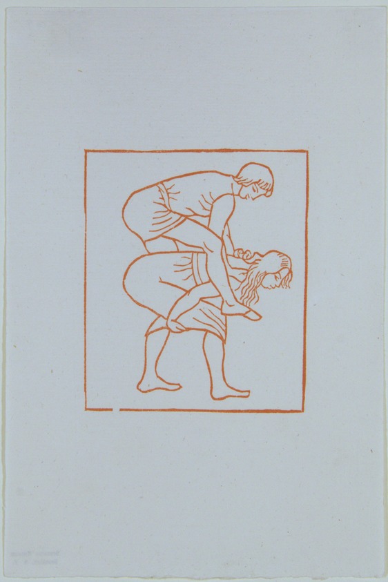 Aristide Maillol (French, 1861-1944). <em>[Untitled] (Daphnis and Chloe at Play)</em>, 1937. Woodcut on handmade laid paper, Sheet: 7 13/16 x 5 1/8 in. (19.8 x 13 cm). Brooklyn Museum, Charles Stewart Smith Memorial Fund, 42.10.39. © artist or artist's estate (Photo: , 42.10.39_view01_PS12.jpg)