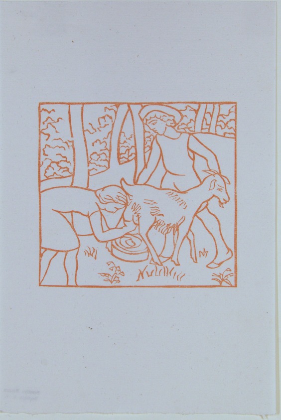 Aristide Maillol (French, 1861-1944). <em>[Untitled] (Chloe Helps Daphnis with His Goats)</em>, 1937. Woodcut on handmade laid paper, Sheet: 7 5/8 x 5 3/16 in. (19.4 x 13.2 cm). Brooklyn Museum, Charles Stewart Smith Memorial Fund, 42.10.40. © artist or artist's estate (Photo: , 42.10.40_view01_PS12.jpg)