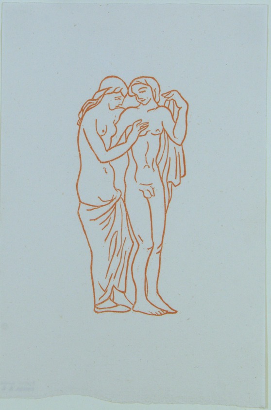 Aristide Maillol (French, 1861-1944). <em>[Untitled] (Daphnis and Chloe)</em>, 1937. Woodcut on handmade laid paper, Sheet: 7 11/16 x 5 1/8 in. (19.5 x 13 cm). Brooklyn Museum, Charles Stewart Smith Memorial Fund, 42.10.43. © artist or artist's estate (Photo: , 42.10.43_view01_PS12.jpg)