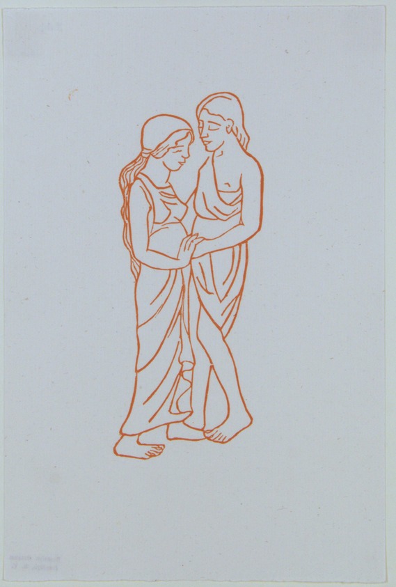 Aristide Maillol (French, 1861-1944). <em>[Untitled] (Chloe is Given to Daphnis)</em>, 1937. Woodcut on handmade laid paper, Sheet: 7 5/8 x 5 1/16 in. (19.4 x 12.9 cm). Brooklyn Museum, Charles Stewart Smith Memorial Fund, 42.10.44. © artist or artist's estate (Photo: , 42.10.44_view01_PS12.jpg)