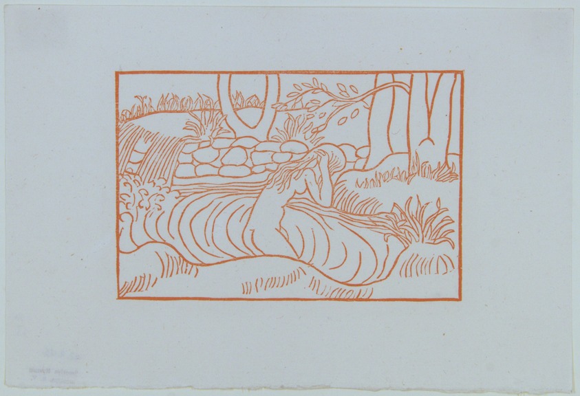 Aristide Maillol (French, 1861-1944). <em>[Untitled] (Chloe Bathing in the Cave of the Nymphs)</em>, 1937. Woodcut on handmade laid paper, Sheet: 5 1/4 x 7 11/16 in. (13.3 x 19.5 cm). Brooklyn Museum, Charles Stewart Smith Memorial Fund, 42.10.46. © artist or artist's estate (Photo: , 42.10.46_view01_PS12.jpg)