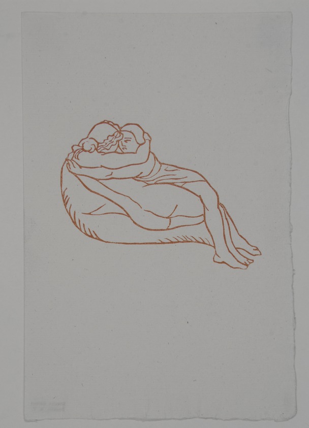 Aristide Maillol (French, 1861-1944). <em>[Untitled] (Daphnis and Chloe Lying Naked Together)</em>, 1937. Woodcut on handmade laid paper, Image: 3 7/8 x 4 in.  (9.8 x 10.2 cm). Brooklyn Museum, Charles Stewart Smith Memorial Fund, 42.10.49. © artist or artist's estate (Photo: , 42.10.49_view01_PS12.jpg)