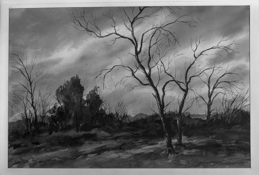 Lionel Reiss (American, born 1894). <em>Spring Chill</em>, 1940. Watercolor on paper, 13 9/16 x 20 3/16 in. (34.4 x 51.3 cm). Brooklyn Museum, Henry L. Batterman Fund, 43.109. © artist or artist's estate (Photo: Brooklyn Museum, 43.109_acetate_bw.jpg)