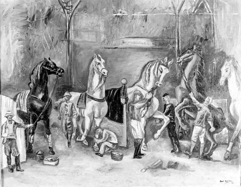 Paul Burlin (American, 1886-1969). <em>Race Horses Before the Course</em>, before 1943. Oil, frame: 35 1/2 x 44 1/4 in. (90.2 x 112.4 cm). Brooklyn Museum, Gift of Margaret de Silver, 43.140. © artist or artist's estate (Photo: Brooklyn Museum, 43.140_bw.jpg)