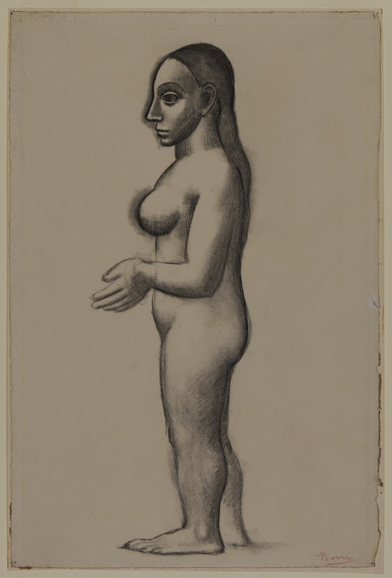 Pablo Picasso (Spanish, 1881-1973). <em>Nude Standing in Profile (Nu debout en profil)</em>, 1906. Charcoal on laid paper, sheet: 21 1/8 x 14 1/4 in. (53.7 x 36.2 cm). Brooklyn Museum, Gift of Arthur Wiesenberger, 43.178. © artist or artist's estate (Photo: Brooklyn Museum, 43.178_PS20.jpg)